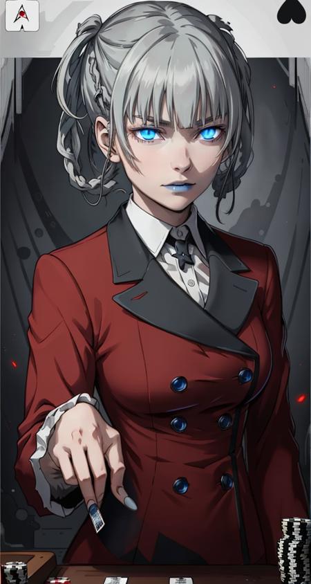 <lora:VRAMs3DMomobami640:0.5> , 1girl, xyzmomobami,  intense glare, hair rings, grey hair, masterpiece, beautiful, portrait, closeup, blue lips, red coat, double breasted coat, school_uniform, medium breasts, glowing eyes, poker, cards