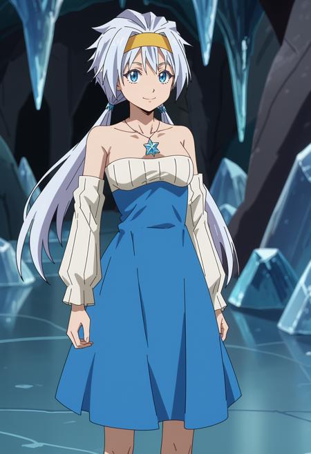 VelzardTS spiked hair, white hair, low twintails, blue eyes, yellow headband strapless dress, multicolored dress, ribbed dress, white dress, blue dress, star necklace, detached sleeves