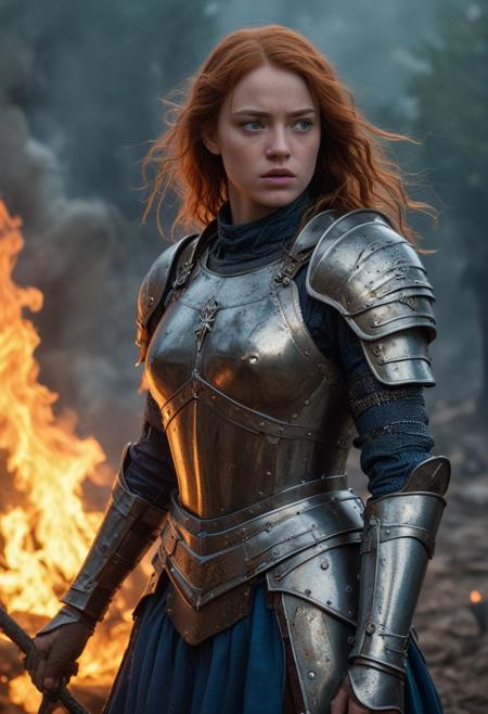 High resolution ultra-realistic of Beautiful Warrior Sadie Sink as Joan of Arc, 8k, capturing the intensity of the moment, cinematic lighting, standing on a bloody and stormy battlefield in bloody battle, wavy red hair, realistic dirty pale face, realistic blue eyes,  beautiful hourglass figure, burning in a medieval Town, intricately designed iron and silver armor, red mini skirt, Dark Ages Aesthetic, perfect athletic figure, beautiful Warrior Joan of Arc, fire, ultra realistic, cinematic style, vigorous and seductive, athletic figure, dark fantasy, dramatic lighting, wet and sweaty skin, dirty skin, athletic figure, dark fantasy, dramatic lighting, Greg Rutkowski style,, Warrior Joan of Arc on in iron armor, hyper-detailed, hyper-realistic, bright colours, Attractive 21 old years girl, Attractive, beautiful firm Breasts, sharp focus, digital painting, Photograph Taken on Nikon D750, Alphonse Mucha, 8K, athletic figure, Hyperdetailed, hyperrealism, Attractive, Attractive bust girl, asymmetric balance