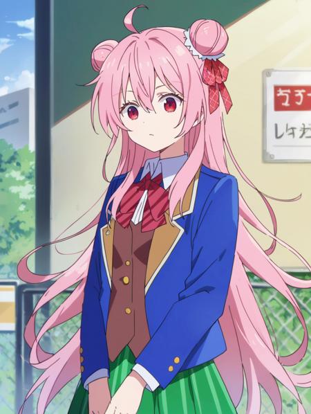 ahoge,bangs,double bun,hair between eyes,bun,headband,long hair,pink hair,red eyes,Sato,  Blue jacket,bow,tie,green skirt,bun,headband,jacket,plaid ribbon,ribbon school uniform, shirt,