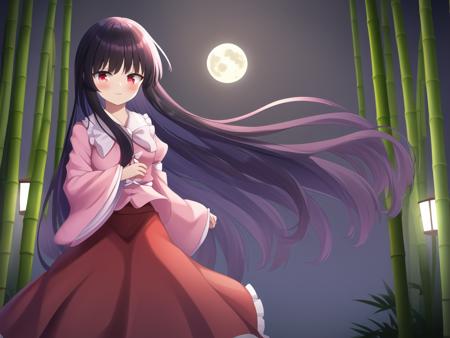 masterpiece, best quality,<lora:kaguya-000014:0.5>,houraisan kaguya, touhou, long hair, black hair, hime cut, pink shirt,pink sleeves,red long skirt,standing,bamboo forest,night,moon,pavilion,