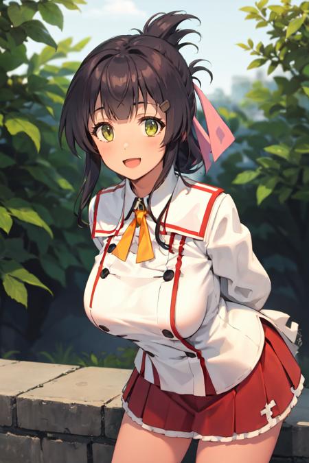 masterpiece, best quality, absurdres, 1girl, solo, MaiYanase, hairclip, folded ponytail, hair ribbon, white shirt, yellow bow, long sleeves, buttons, red sailor collar, red skirt, arms behind back, leaning forward, looking at viewer, smile, :d, outdoors, <lora:MaiYanase:1>