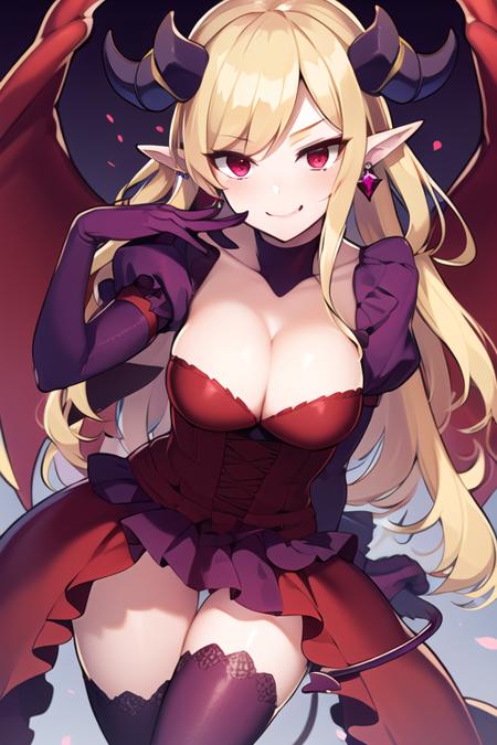 lilith_pad gloves, cleavage, jewelry, earrings, red eyes, demon horns, demon wings, tail, elbow gloves, dress, ruffled skirt