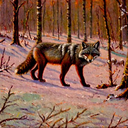 Arcpastel of a silver fox in a forest tundra with snow in the woods with trees in the background, morning, wildlife