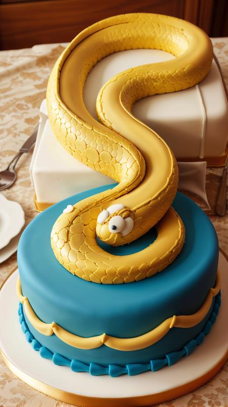 CakeStyle snake. Marzipan cake shaped like snake. <lora:CakeStyle:0.55>