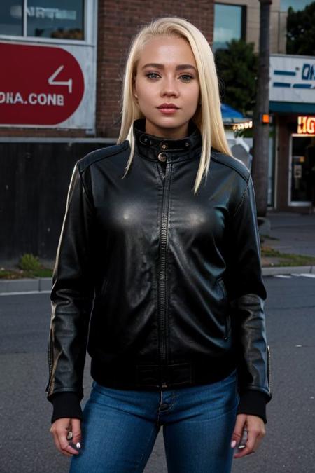 eighteen year old girl wearing a black leather jacket and black zip up sweater, realistic, analog photo, masterpiece, trending on artstation, urban landscapre