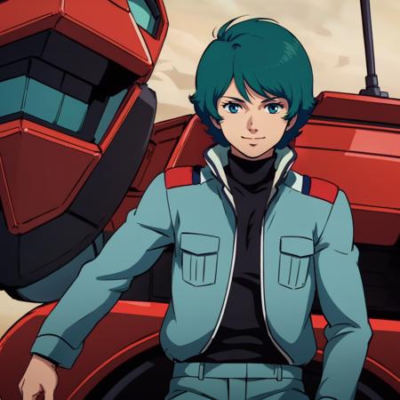 masterpiece,high quality,
<lora:kamillebidan001:0.7>,looking at viewer,smile,
kamillebidan,1boy,
short hair,aqua hair,blue eyes,
military uniform,jacket,turtleneck,
pants,