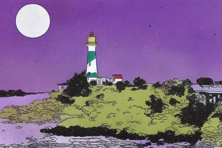 CavazzanoComics lighthouse, late at (night:1.4), purple sky <lora:CavazzanoStyle:0.6>