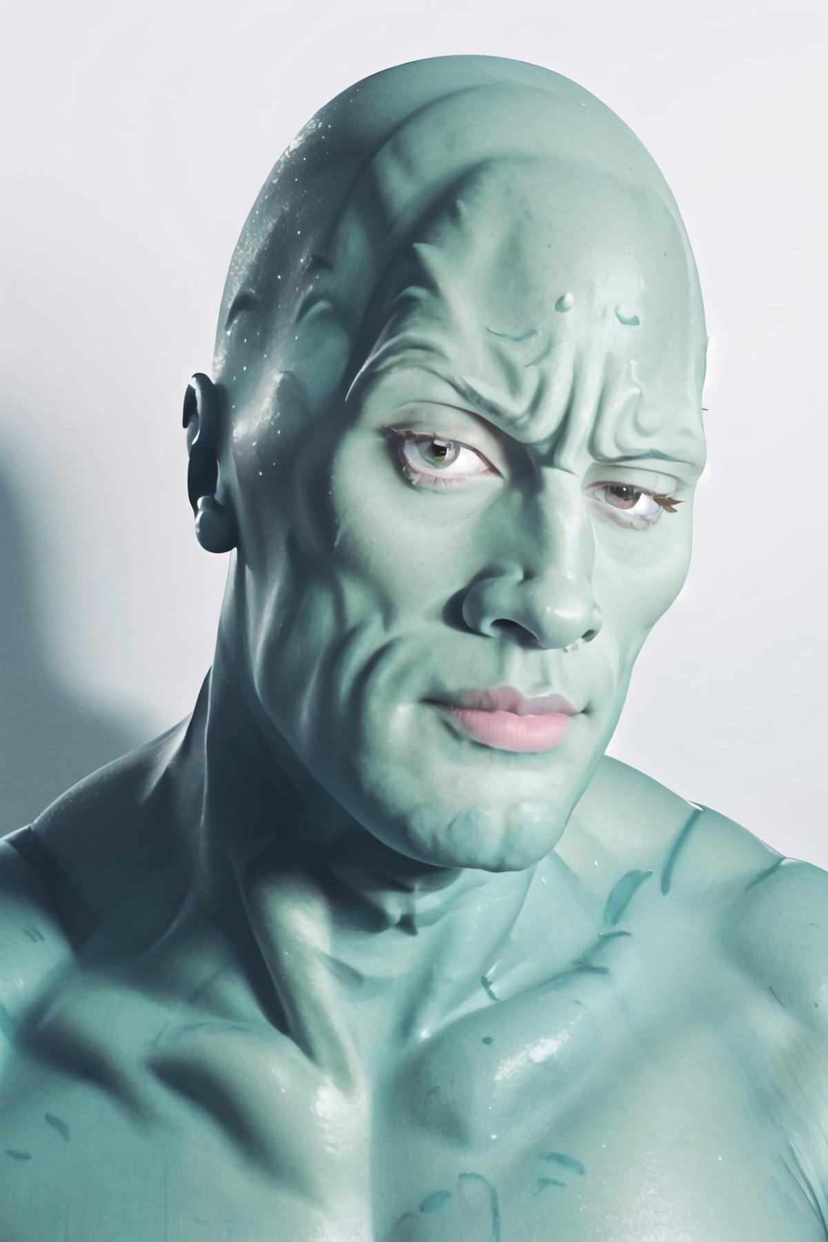 A man with green makeup and smeared paint on his face.