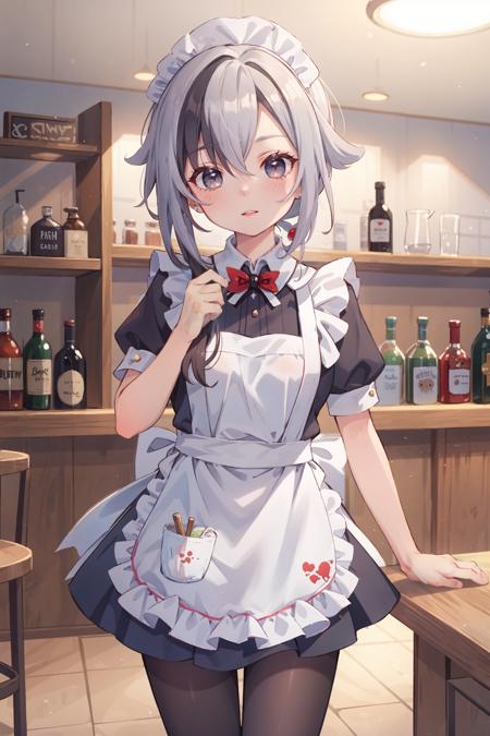 1girl, arlecchino \(genshin impact\), solo, maid, maid headdress, maid apron, embarrassed, pantyhose, open mouth, blush, parted lips, looking at viewer, cowboy shot, bar \(place\), indoors, depth of field