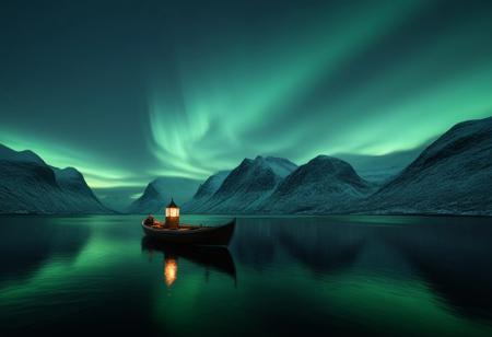 landscape, Norway, mountains, sea, fog, rain, 1 small wooden boat, jetty, armoured knight sitting on the boat, longing for a brighter future. the boat is in the middle of the water,  northern lights,the knight is big compare to the boat , ultra tiny oil lamp light underseat of the boat,
high contrast, stylized, clear, surreal, ultra quality , 8k, best quality, masterpiece, textural, artistic, midjourneyv6.1,