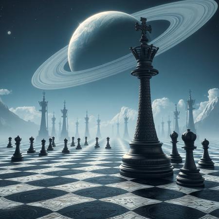 This steampunk digital artwork features a surreal and futuristic chess scene. The central focus is a colossal king chess piece, intricately designed with a metallic and mechanical texture, standing prominently on a vast black and white chequered plain. Other chess pieces are scattered across the landscape, appearing smaller in comparison to the central king. In the background, tall fantastic mechanical structures, dot the horizon. A giant ringed planet casts its light giving a colour scheme dominated by shades of blue and black, creating a cosmic and otherworldly atmosphere. The image combines steampunk with elements of science fiction and fantasy