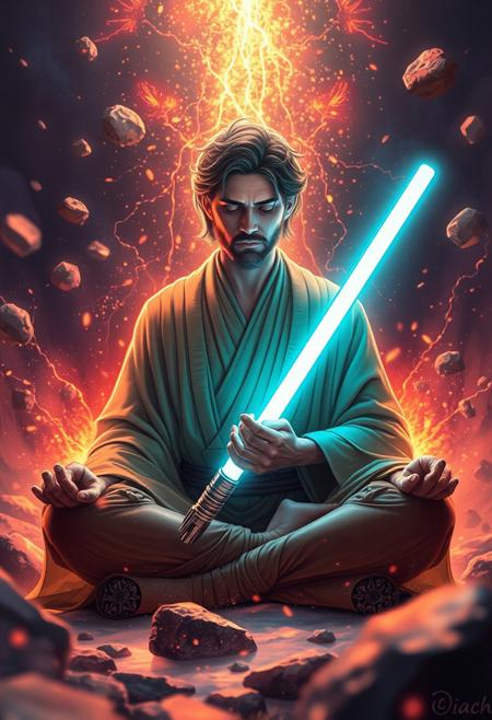force user, cultivating, midichlorians, mystical energy, glowing particles, (cosmic aura:1.4), intense focus, meditation, floating rocks, (energy field:1.5), intricate details, photorealism, swirling light, (highres:1.3), cinematic lighting, otherworldly, dynamic motion, ethereal glow,  (blurry:-1.3), (ugly:-1.3), (lowres:-1.5), (flat:-1.4), (muted colors:-1.6), (cartoon:-1.2), (sketch:-1.2), (anime:-1.3), (text:-1.4), (watermark:-1.5), (cgi:-1.4)