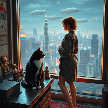 black cat with a white neck and white feet is sits on a cluttered metal riveted desk next to a maneki neko statue and small bronze buddha, the cat is looking out to a floor to ceiling window that looks out over a futuristic cyberpunk Tokyo skyline with skyscrapers and futuristic airships covered with lights and advertisements in Japanese, a tall thin beautiful young woman, 22 years old, is standing next to the cat looking out at the city through the window, The woman is dressed in an ornate short japanese style bath robe, exposing her long legs.  The woman's hair is messy from just waking up. Artistic cyberpunk, dynamic perspective,