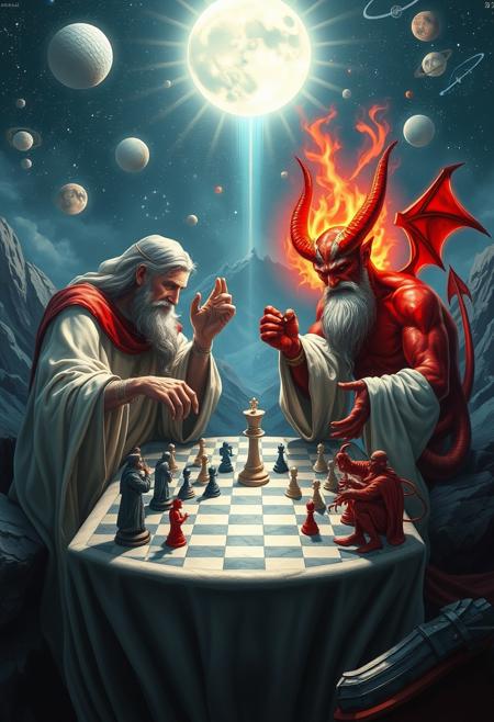 god and the devil are playing chess, they are sitting at a table in a mountain top with celestial bodies, or a cosmic backdrop, god is despicted as a wise old man in white robes and a long beard, the devil is red with horns , the chess pieces are little humans, they both look very concentrated and looking at chessboard, divine light surrounding God, hellfire glow around the Devil