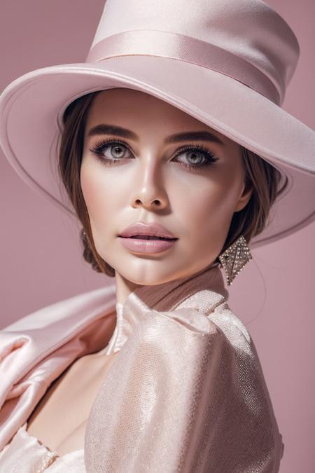 portrait of a stylish elegant woman in a pale pink hat, photorealistic details of her full face, elegant and captivating, large full lips, a monochromatic aesthetic, striking photo fashion shoot with full dramatic lighting, closeup, a black background to make her, 1 pale pink hat pop  <lora:Julia_Mihalkova_v2_640x960:0.85>