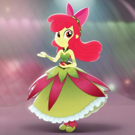(EqG) Apple Bloom wearing a green poofy ball gown. The dress is a tulle. The bodice of the dress is fitted and has a low, open back. The skirt is full and voluminous. She is wearing a silver tiara. She is smiling and looking at the camera. Full Body, 1 girl, solo,