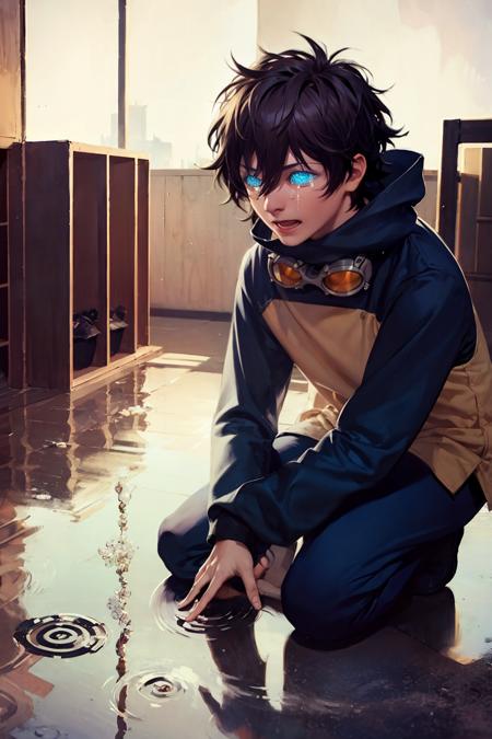 masterpiece, best quality, <lora:lw:1>,reflection, 1boy, black hair, goggles, male focus, blue eyes, goggles around neck, different reflection, solo, looking at viewer, ripples, pants, reflective floor, long sleeves, short hair, hood, tears, jacket, aged down, spiked hair, sitting, squatting, puddle, kneeling, water, bangs, pov, hoodie, glowing, sky, snow, full body, hair between eyes, reflective water, smile, shirt, goggles on head, crying