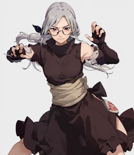 Yakushi_Kabuto, 1girl, solo, girl, black round glasses, black empty eyes, long silver hair, (((beautiful dress))), summer dress, waistband, puffed sleeves, medium breasts, fighting stance