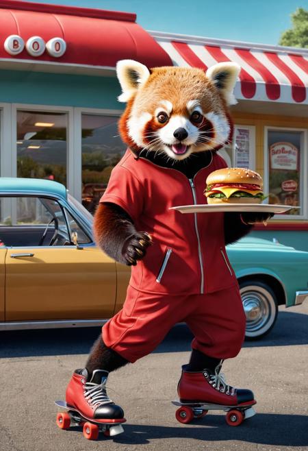 anthropomorphic red panda wearing roller skates serving burgers at a drive-thru American diner, digital art
