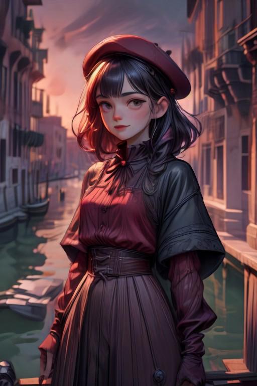 (masterpiece:1.2), (best quality,:1.2), 8k, HDR, ultra detailed, ((photorealistic)), cinematic lighting, three-quarter-shot, high depth-of-field, sharp focus,
1girl, raven hair, standing on gondola, happy smile,
scarlet skirt, scarlet blouse, small scarlet beret,
slim face, perfect face, perfect hands, eye contact, realistic face, realistic eyes,
detailed background venice at sunset,