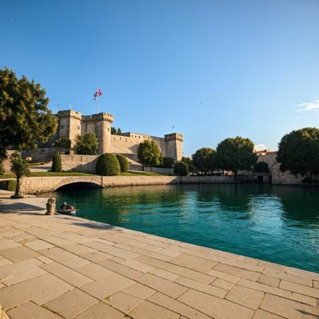 photograph,building, castle, city, path, sea, fishing boat, Fujifilm XT3, Depth of field 100mm, art by P. Horst,masterpiece, best render, high res, best resolution, 4k, 8k, super great render, ((photorealistic)), great colors, <lora:Bike_trip-000006:0.8> 