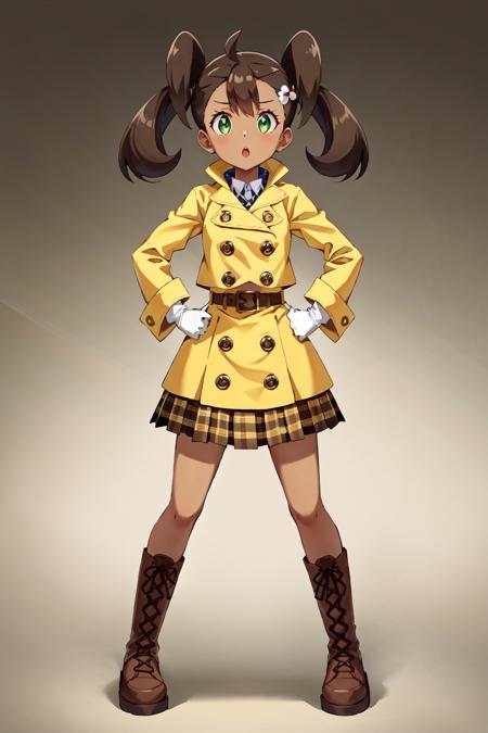 solo,  shauna,  green eyes,  dark skin,  yellow coat,  long sleeves,  plaid skirt,  brown skirt,  white gloves,  brown boots,  hair ornament,  brown boots,  full body,  hands on hips,  :o,<lora:EMS-255949-EMS:0.500000>