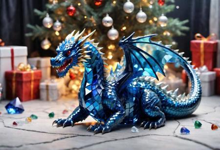 blue broken glass dragon siting next to a pile of  (colorful crystal gems), under a Christmas tree, (living room), highly detailed clean, beautiful detailed intricate, 8K,