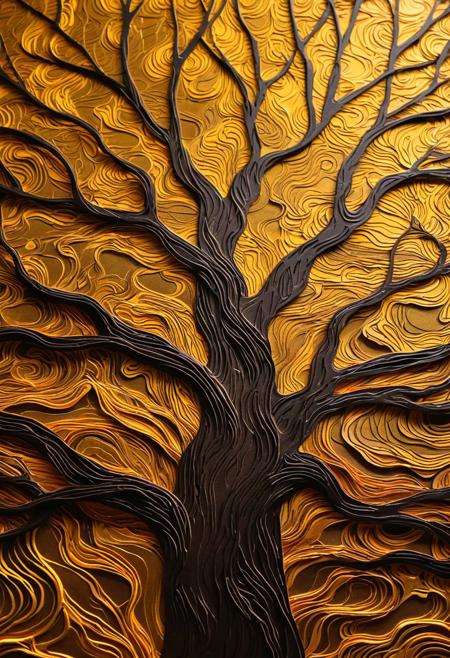 Thick layer, dark gold, bold lines, hyper detailed, a dark warm limited palette, chiaroscuro, linquivera, volumetric, dimensional, depthr, high stack, heavy texture, tangible layers, papercut art of linquivera kylin, dark tree, world tree