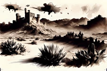 ink_style ,  a desert with castle <lora:InkStyle:1>