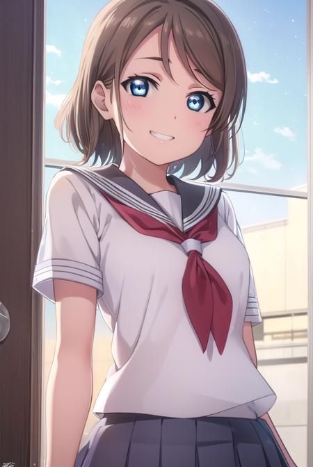 youwatanabe, <lora:you watanabe s2-lora-nochekaiser:1>,
you watanabe, short hair, blue eyes, brown hair, smile, grin,
BREAK skirt, school uniform, short sleeves, pleated skirt, serafuku, socks, neckerchief, kneehighs, black socks, (red neckerchief:1.2), grey skirt, uranohoshi school uniform,
BREAK indoors, classroom,
BREAK looking at viewer, (cowboy shot:1.5),
BREAK <lyco:GoodHands-beta2:1>, (masterpiece:1.2), best quality, high resolution, unity 8k wallpaper, (illustration:0.8), (beautiful detailed eyes:1.6), extremely detailed face, perfect lighting, extremely detailed CG, (perfect hands, perfect anatomy),