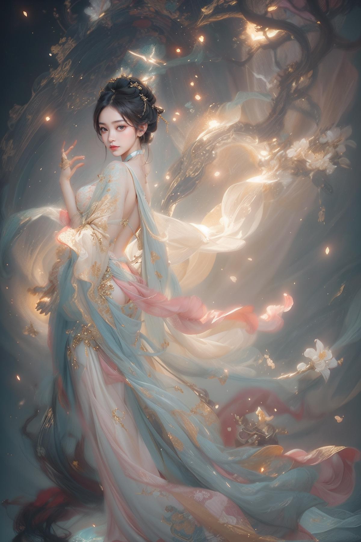 A beautifully illustrated Asian woman with a blue dress, an elaborate headdress, and a flowing white scarf.