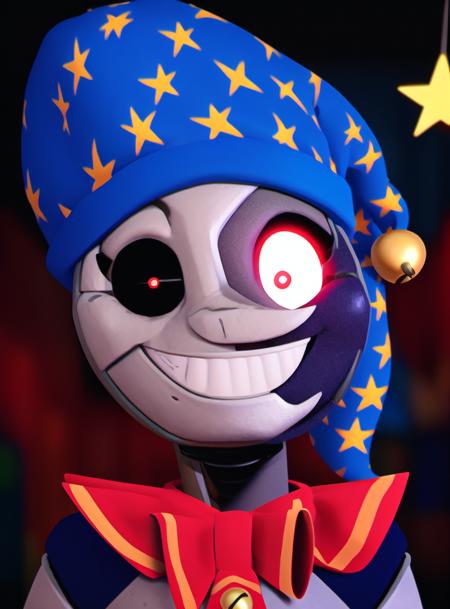 <lora:dca-v3-mix-final-2:1> solo, headshot, animatronic, red eyes, teeth, pattern hat, blue hat, bell, heterochromia, button, robot, neck ruff, best quality, masterpiece, high res, MoonFNAF, daycare attendant, humanoid, grey body, multi tone body, multicolored body, blue clothing, pattern clothing, nightcap