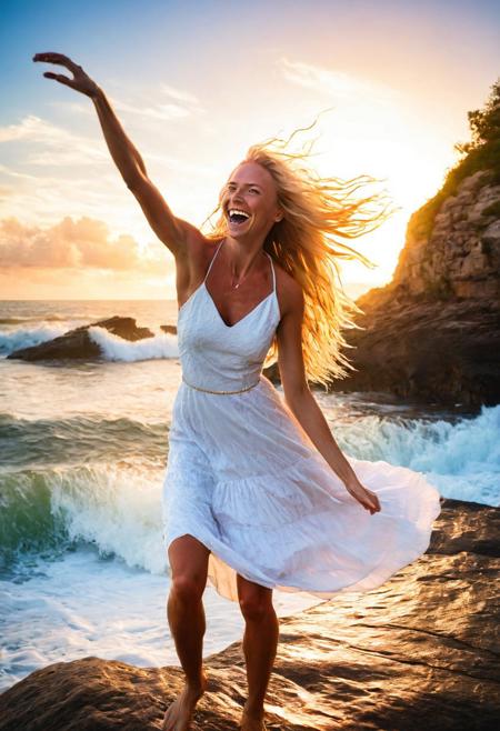 woman standing on a large rock formation on a tropical beach with rough surf crashing over it, thin white dress accentuating her fit body, long blonde hair, light blue eyes, hands outstretched, smiling and laughing, orange sunset, sun shining off the splashing water, low angle, long exposure, aidmaExperimentalPhotography. detailxl