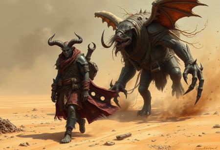 b@rl0w3, A highly detailed fantastical picture of demon in traveling skins wandering the wastelands of hell. Walking with a large hell creature covered in gear. High winds causing sand and debris to kick up against them