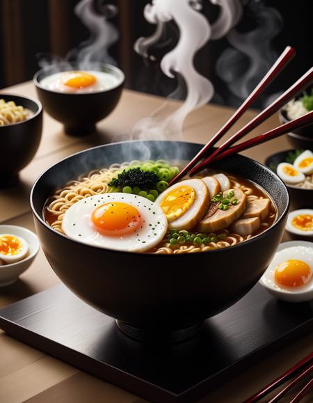 cinematic photo <lora:FF.73.dreamshaperXL10_alpha2Xl10.lora:1> ultra detailed 8k cg, japanese ramen, chopsticks, egg, steam, boken . 35mm photograph, film, bokeh, professional, 4k, highly detailed