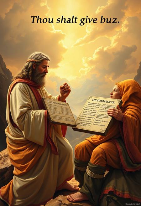 Masterpiece epic religious painting of Moses receiving two tablets of stone with the 10 commandments on Mount Sinai, title text above: “Thou shalt give buzz”, best quality, intricate details, ultra details, good lighting, vibrant colors, very detailed,