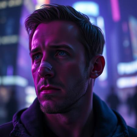 A close-up, slightly low-angle shot of Ryan Gosling with a serious, melancholic expression. His face is illuminated by soft purple lighting, casting deep shadows and enhancing the emotional atmosphere. He wears a bandage on his nose and a zip-up jacket, looking off to the side in contemplation. The camera captures his face in detail, with a blurred, futuristic, neon-lit cityscape in the background, making the focus entirely on him. Hyper-realistic style with attention to lighting, texture, and depth