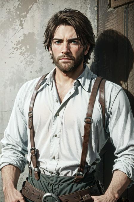 ArthurRDR, 1boy, solo, male focus, facial hair, realistic, shirt, brown hair, green eyes, suspenders, beard, white shirt, collared shirtr
<lora:epi_noiseoffset2:1>,  <lora:ArthurRDR:0.7>