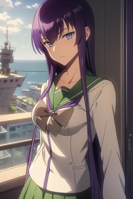 saekobusujima, <lyco:saekobusujima-LYCORIStest:1>,
saeko busujima, long hair, purple hair, (purple eyes:1.1), hair between eyes,
BREAK skirt, long sleeves, bow, school uniform, serafuku, green skirt,
BREAK looking at viewer,
BREAK indoors, classroom,
BREAK <lora:GoodHands-vanilla:1>, (masterpiece:1.2), best quality, high resolution, unity 8k wallpaper, (illustration:0.8), (beautiful detailed eyes:1.6), extremely detailed face, perfect lighting, extremely detailed CG, (perfect hands, perfect anatomy),