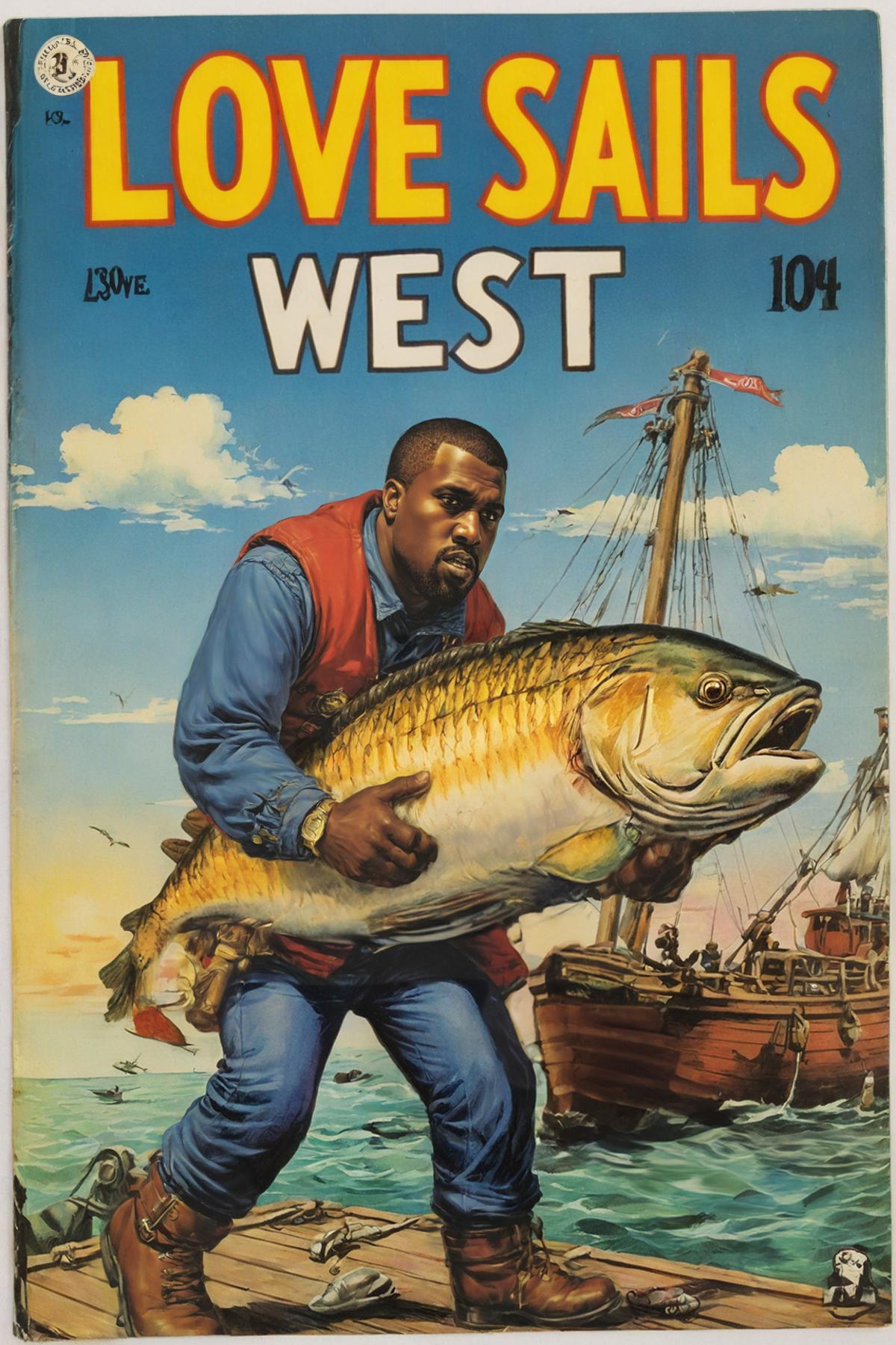 A man holding a huge fish in the ocean, depicted on a magazine cover.