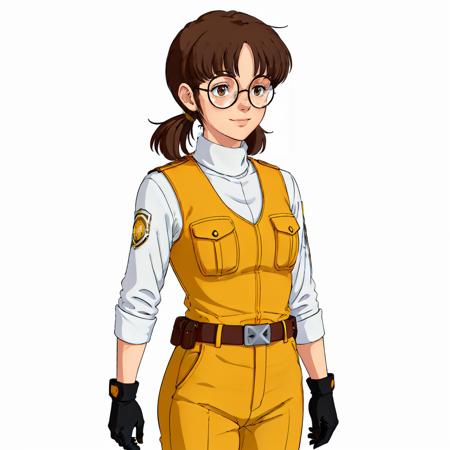 masterpiece,high quality,(white background:1.5),
<lora:millychilder001:0.5>,solo,smile, 
milly_childer,1woman,
short hair,short twintails,low twintails,brown hair,parted bangs,brown eyes,glasses,round eyewear,freckles,
uniform,white shirt,turtleneck,yellow vest,pocket,arms at sides,long sleeves,sleeves rolled up,black gloves,belt,belt buckle,pants,
upper body,