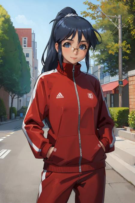 (masterpiece, best quality:1.2), cowboy shot, solo, 1girl, hinata aki, smile, looking at viewer, hand in pocket, ponytail, glasses, red tracksuit <lora:kerorogunsou_hinata:1.0>