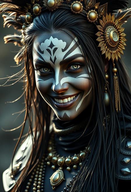 medium shot of the underworld Princess, lust face expression, lust smile, white tribal makeup, extremely beautiful, small white eyeballs, long wet black hair, grunge clothes, grunge black armour, grunge black golden jewelry, grunge black feathers crown, hyper realistic, ultra detailed, translucent black skin, black skin, mist, wind