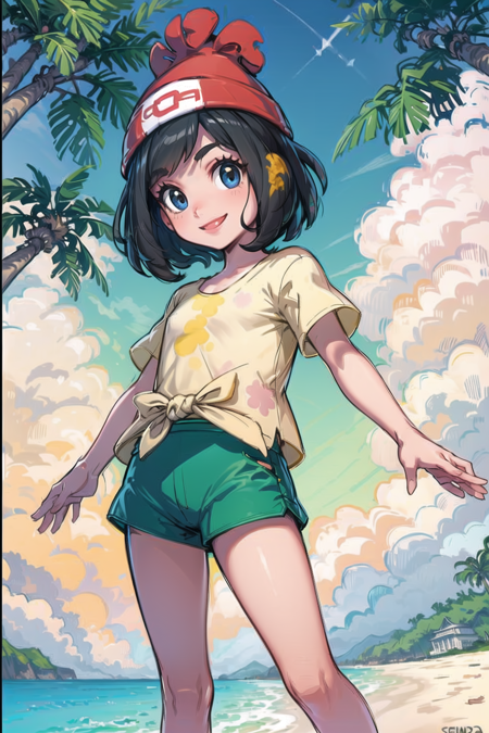 masterpiece, best quality, (AS-Younger:1.3), <lora:SeleneLora-10:0.7>, selene \(pokemon\), smile, beanie, yellow shirt, green shorts, tropical beach, cliff, solo, 1girl, standing,