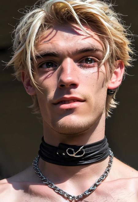 kyle ross, male focus, a handsome 18yo platinum blonde twink, close up of face, face focus, dynamic posture, dramatic angle, camera angle from below, shirtless, stubble, hands on hip, black dog collar, black neck collar, long chain necklace, kinky,
skinny muscled, slender muscled, skinny, slender features, narrow shoulders, detailed armband tattoo, cute face, boyish face, perfect biceps, bicep veins, bulging veins, defined veins, great pecs, thin waist, angular face, strong and powerful, sporty, predatory look, feathered hair, long hair, shoulder length hair, great detail, satisfaction, blue eyes, bubble butt, small ass, small butt, tight shorts, 
(Masterpiece, high quality:1.3), masterpiece, depth of field, bokeh, detailed, homoerotic, (homoerotic), highly detailed, sharp focus, intricate, smooth, elegant, fantasy, cinematic lighting, cinematic, masterpiece, matte, photorealistic, 4k, beautiful, volumetric lighting, dramatic, photo-realistic, life-like, high detail, lighting, 8Knematic lighting, 8K, contrast lighting, contrasting lighting, cinematic lighting,