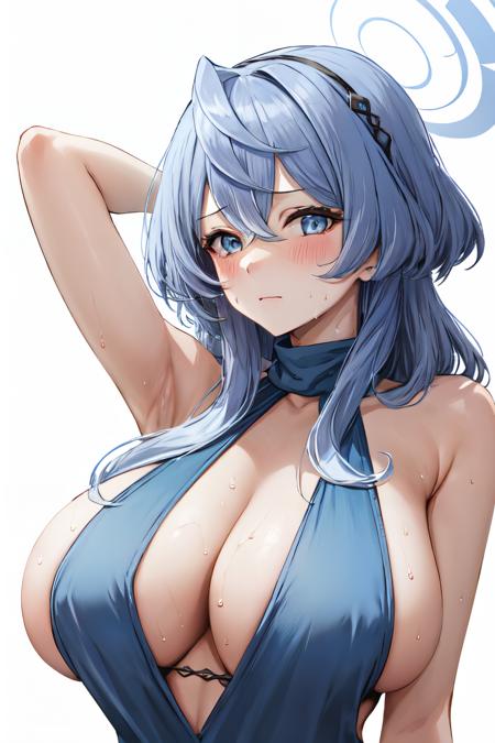 <lora:ako_dress:1> akodress, cleavage, blush, long hair, arm behind head, arm up, huge breasts, hair between eyes, hairband, blue dress, looking at viewer, simple background, solo, upper body, armpits, sideboob, closed mouth, 1girl, sweat, white background, halo