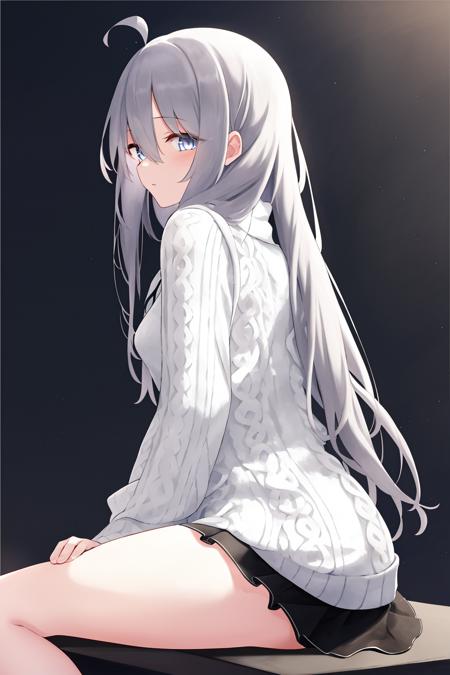 best quality, highly detailed, masterpiece, ultra-detailed, white_sweater, solo, long_hair,grey_background, 1girl, ahoge, looking_at_viewer,dress,sitting <lora:elaina_v2:0.95>