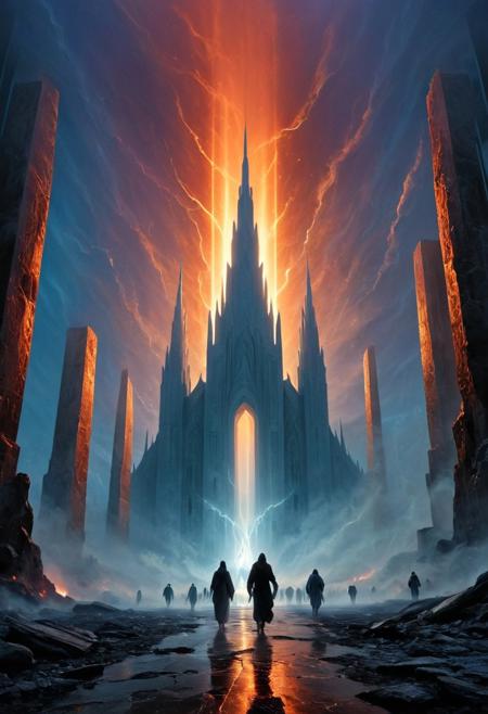 oil painting, rough, textural, broad brush strokes, of alabaster and marble temples on a bleached, faded alien landscape, featuring travellers walking towards the nearest temple,  scifi, futuristic style,
use colors like teal and colors like dark olive and colors like olive
Abstract illustration, surreal fractured landscape, twilight sky with deep indigo to fiery orange gradient, towering geometric shapes resembling shattered glass and steel beams, inner light glowing within structures, dark polished surface reflecting light, ethereal swirling fog in muted purples and blues, vibrant golds and reds in the distance, bursts of light and shadow creating dynamic contrast, white beam of light piercing the sky symbolizing memory and hope, abstract expressionism and digital futurism hybrid, bold colors with intense reds, blacks, golds, and silver, light casting long stretched shadows, broad sweeping brushstroke textures enhanced with digital precision, mist swirling at the base of the scene, radiant sky evoking reflection and honor, powerful and dramatic atmosphere, emotional tribute to 9/11 without banality or figures.
