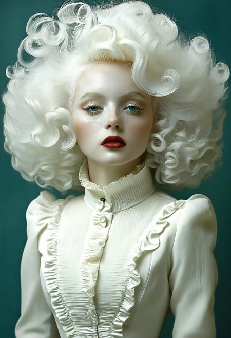 This is a highly stylized, surreal photograph of a person with striking, ethereal qualities. The subject is a woman with very pale, almost translucent skin and bright white, curly hair styled in soft, voluminous waves. She has striking, almond-shaped eyes with a piercing gaze and is wearing a dramatic, wide-brimmed hat that casts a soft shadow on her face, enhancing the contrast of her skin. Her lips are painted a deep, rich red, which stands out against the pale tones of her face.
She is dressed in an elaborate, high-collared, white garment that appears to be made of a smooth, matte fabric with ruffled details around the neckline and down the front, adding to the overall Victorian or period-inspired aesthetic. The fabric has a slightly textured appearance, suggesting a blend of silk and satin.
The background is a solid, deep teal color, which contrasts starkly with the white of the subject and her attire, drawing attention to her features. The lighting is soft and even, creating a cool, otherworldly atmosphere. The overall composition is symmetrical, with the subject centered and framed to emphasize her face and attire, giving a sense of timeless, almost mythical beauty. The photograph's style blends elements of high fashion photography with avant-garde surrealism.